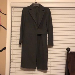 Express long grey wool coat w/velcro strap closure